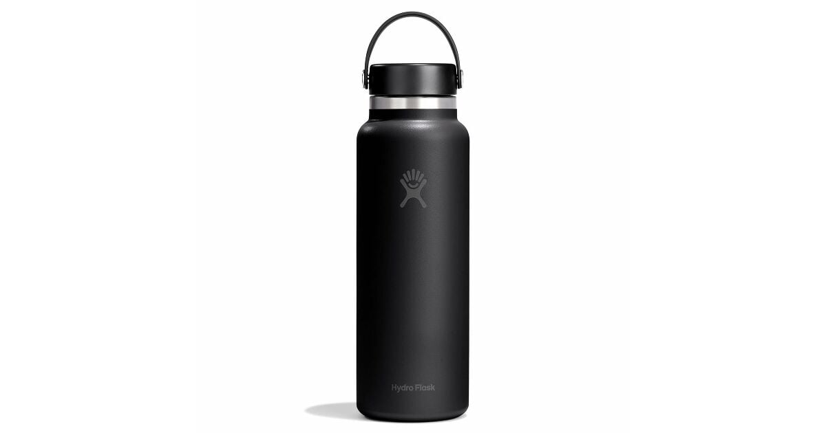 40oz wide mouth insulated stainless steel water bottle with flex cap and carry loop, front view