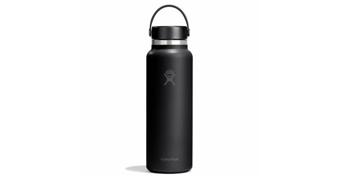 40oz wide mouth insulated stainless steel water bottle with flex cap and carry loop, front view