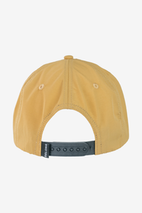 Back view of a mustard yellow snapback cap with dark adjustable closure and ventilation eyelets