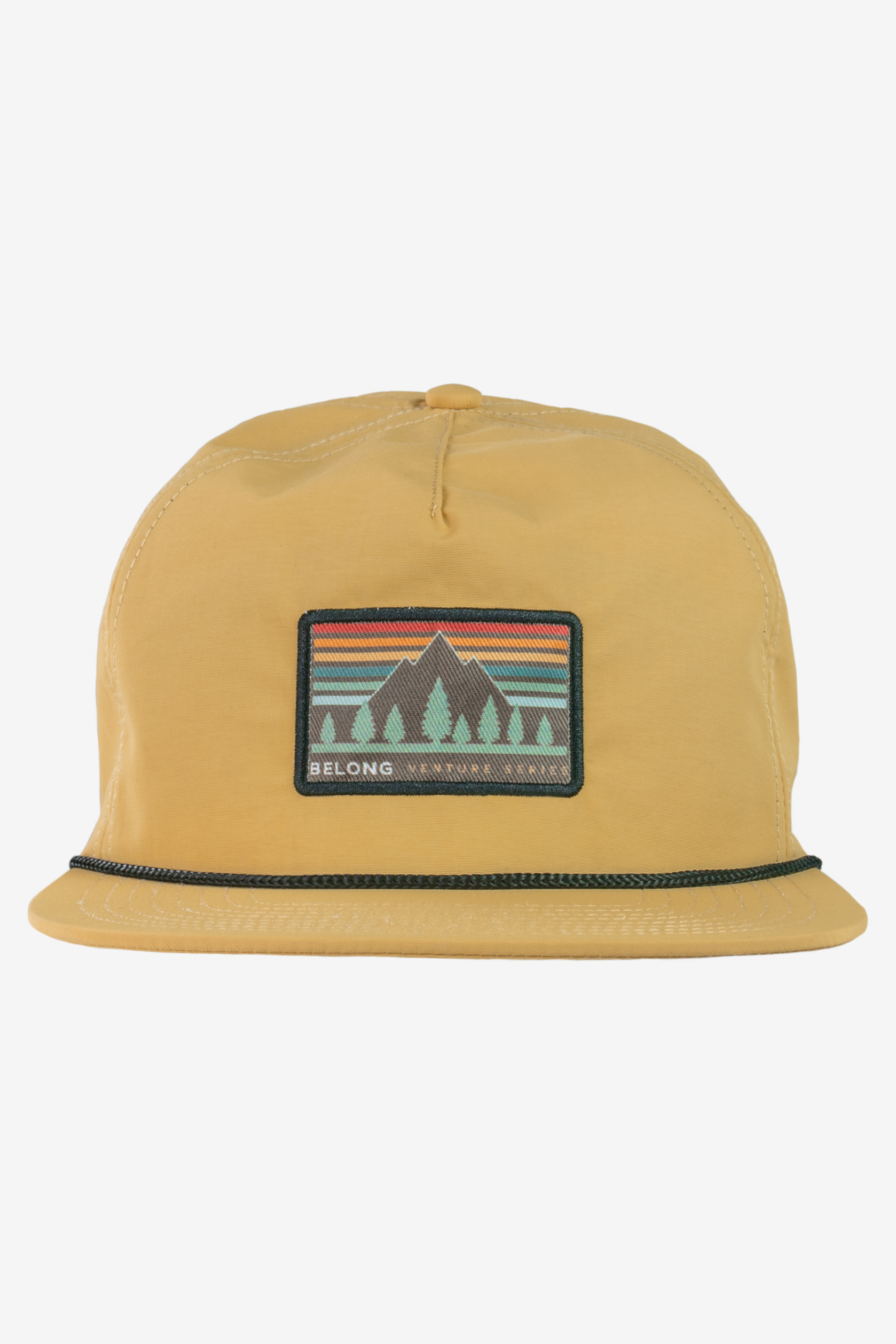 Mustard yellow nylon snapback hat with mountain landscape patch and rope brim detail, front view