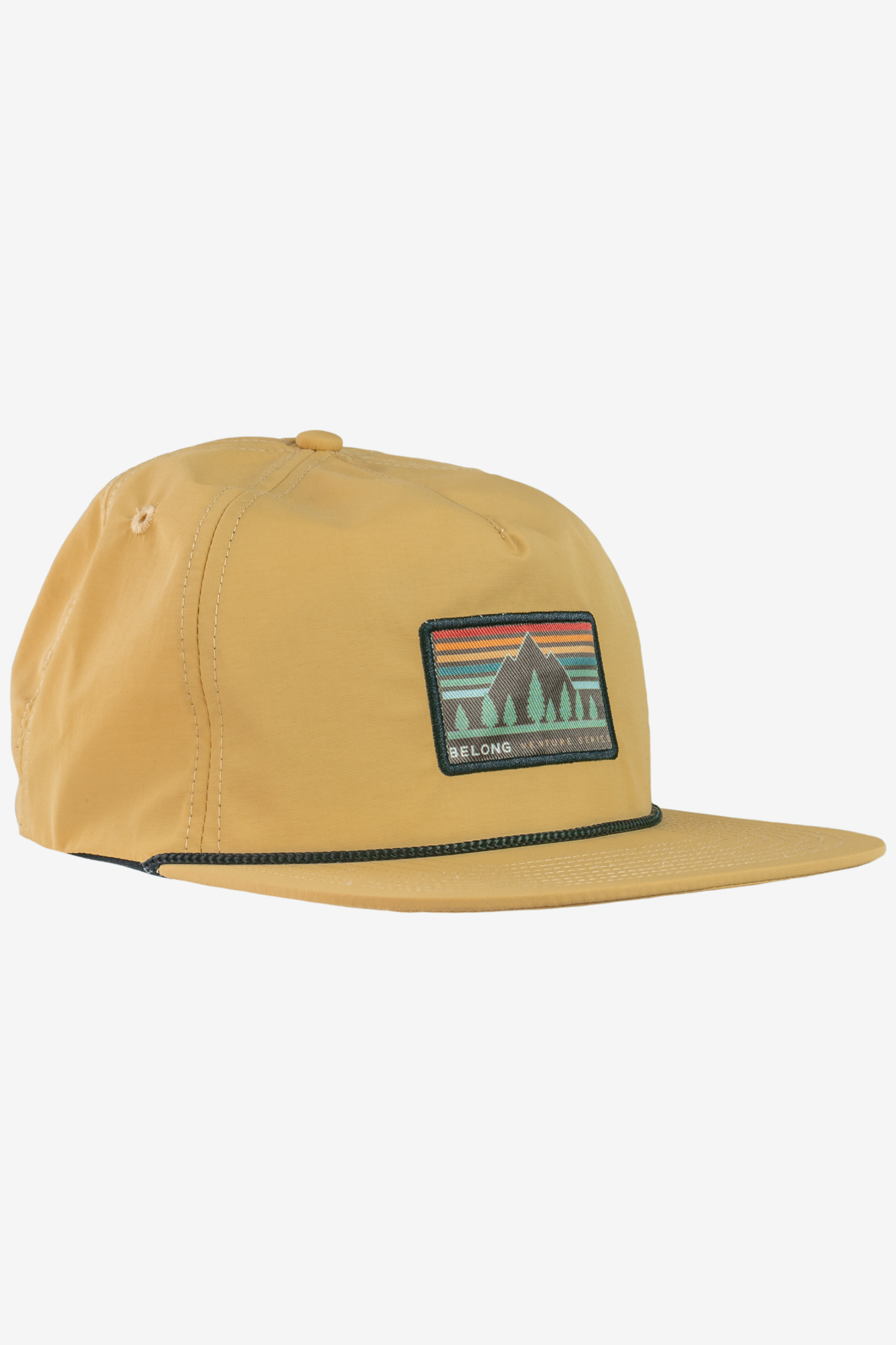 Golden yellow nylon snapback hat with mountain scene patch and rope brim detail, side view