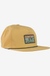 Golden yellow nylon snapback hat with mountain scene patch and rope brim detail, side view