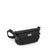 Small black crossbody hip bag with flap closure, adjustable strap, and metal logo badge