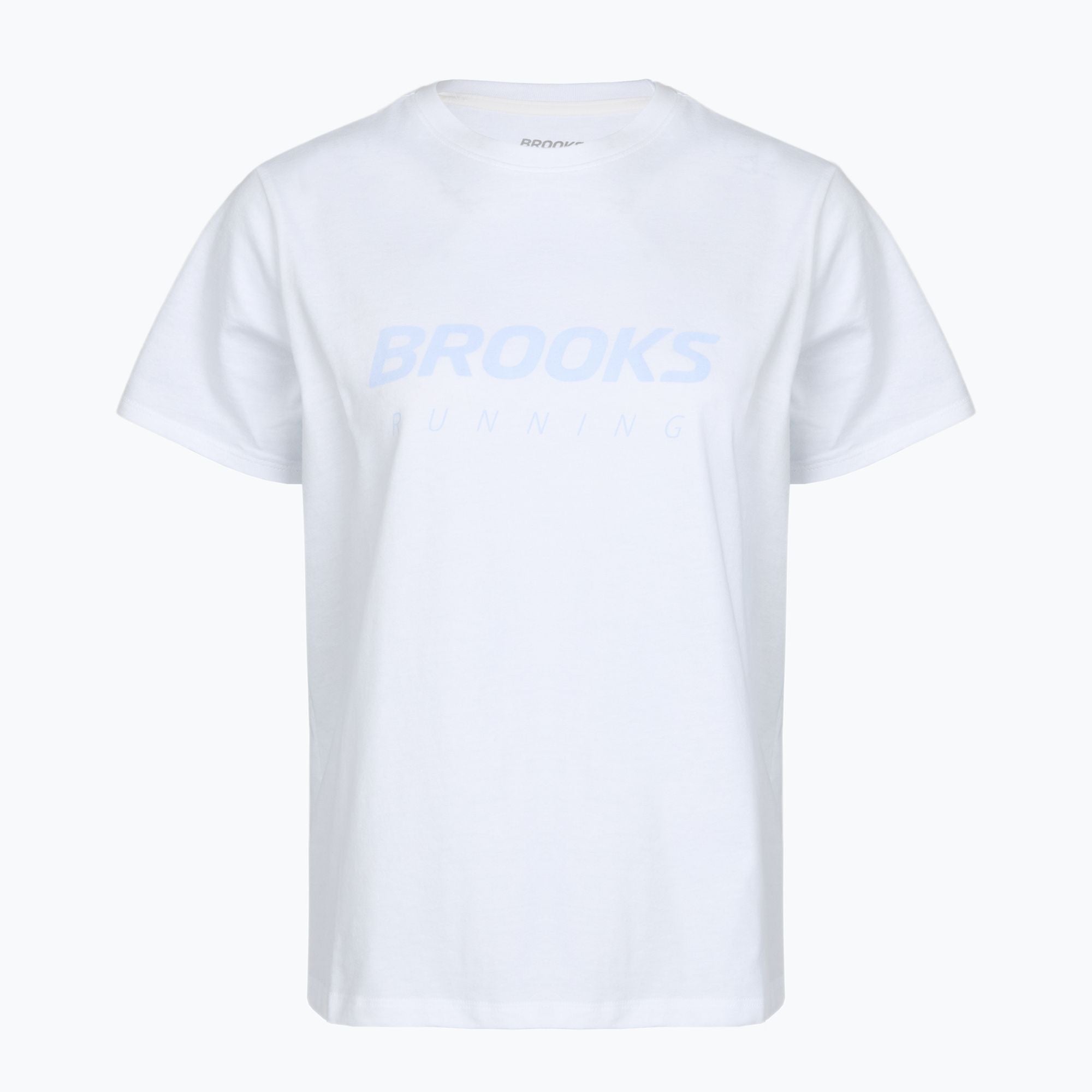White athletic t-shirt with light blue graphic text, short sleeves, front view