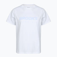 White athletic t-shirt with light blue graphic text, short sleeves, front view