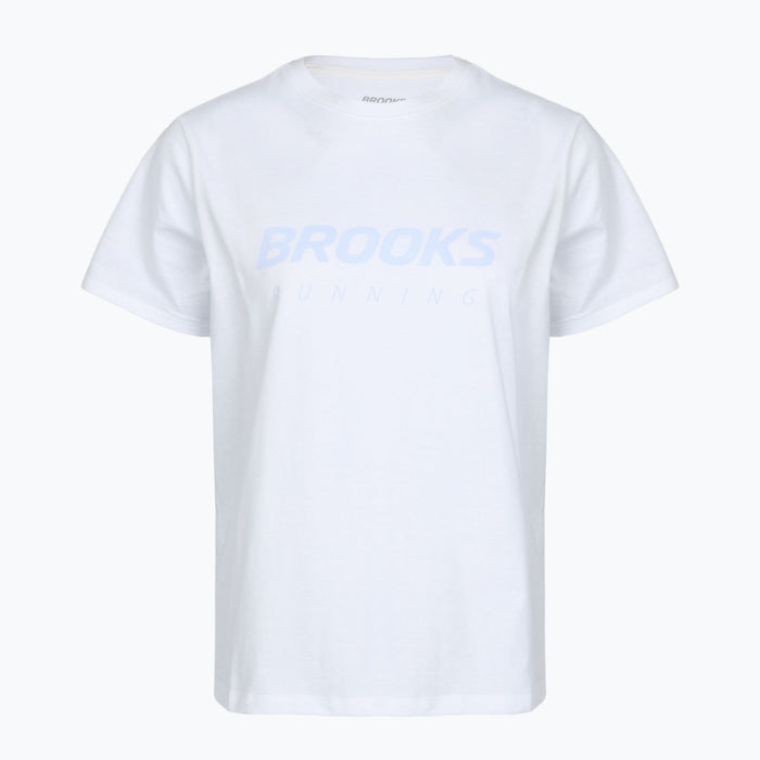 White athletic t-shirt with light blue graphic text, short sleeves, front view