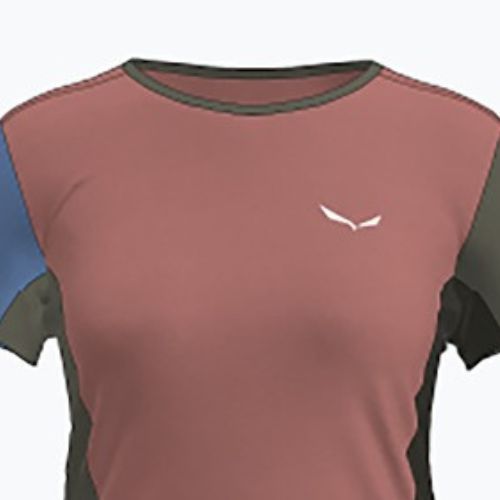 Women's athletic t-shirt with pink body and colorful contrast panels, front view