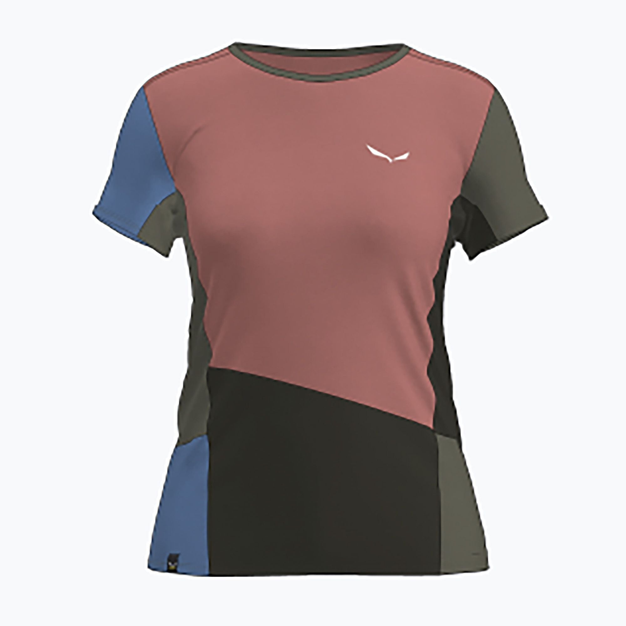 Women's athletic t-shirt with coral pink body and blue-green color block panels