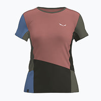 Women's athletic t-shirt with coral pink body and blue-green color block panels