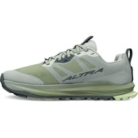 Women's trail running shoe in sage green and gray, lateral side view with lugged outsole