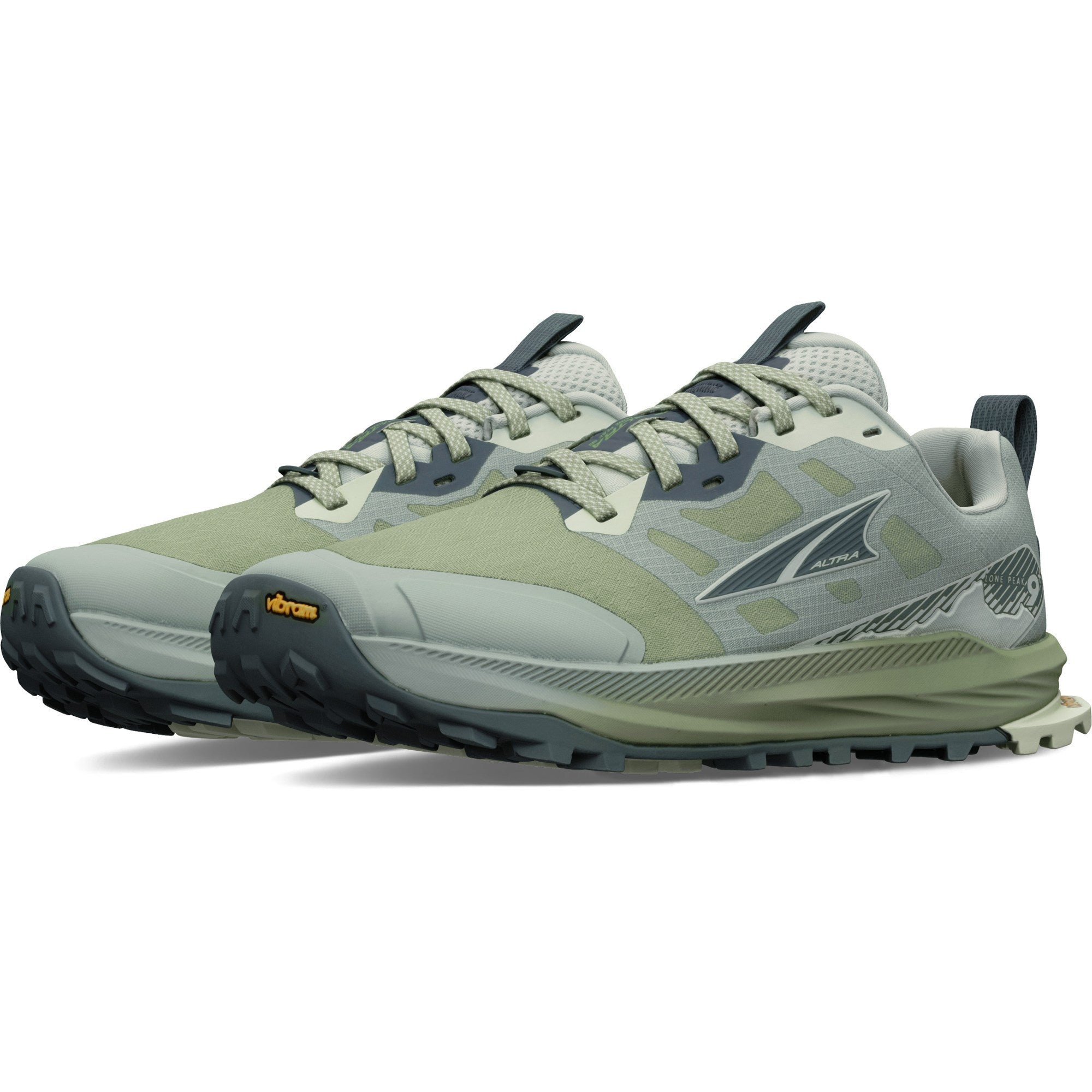 Women's trail running shoes in sage green with Vibram outsole, shown as a pair at an angle
