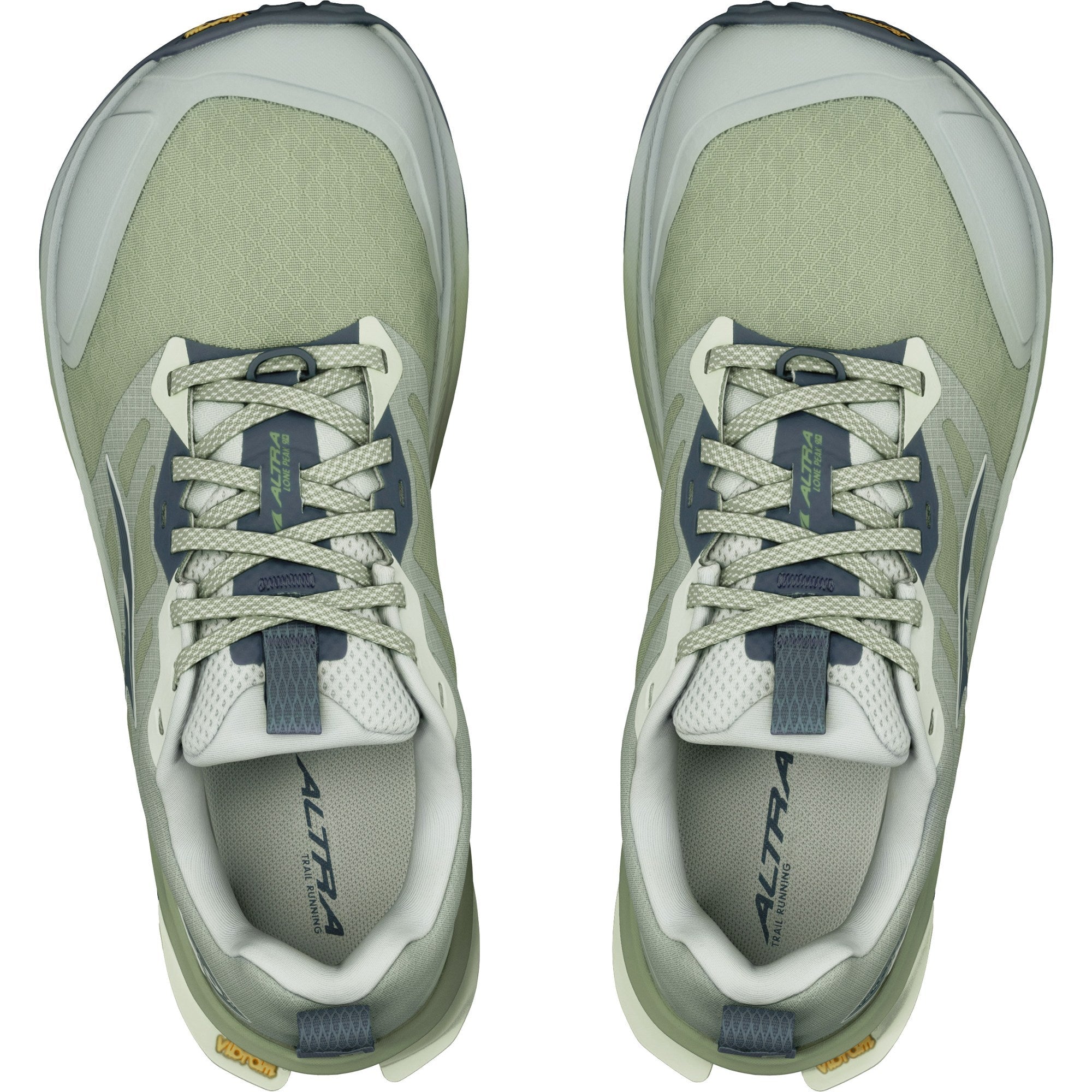 Top-down view of a pair of trail running shoes with wide toe box and lace detail