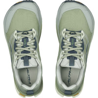 Top-down view of a pair of trail running shoes with wide toe box and lace detail