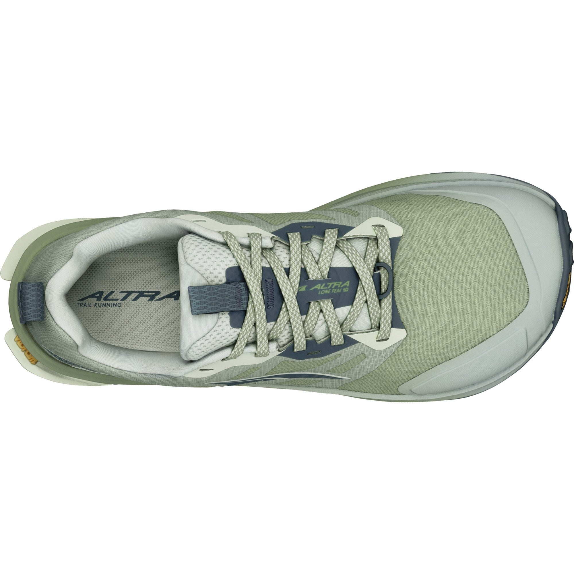 Top-down view of a women's trail running shoe with green mesh upper and blue accents