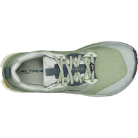 Top-down view of a women's trail running shoe with green mesh upper and blue accents