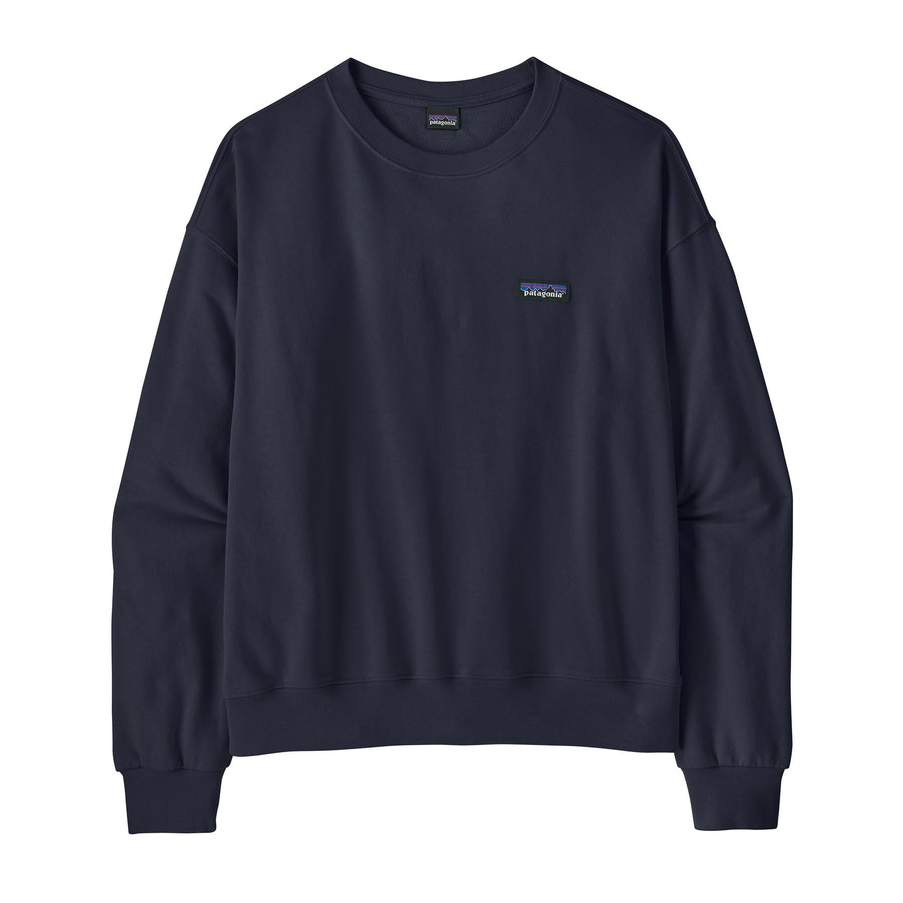 Women's navy blue crewneck sweatshirt with small logo patch, flat lay front view