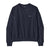 Women's navy blue crewneck sweatshirt with small logo patch, flat lay front view