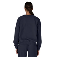 Women's crew neck sweatshirt in dark navy, back view, with ribbed cuffs and hem