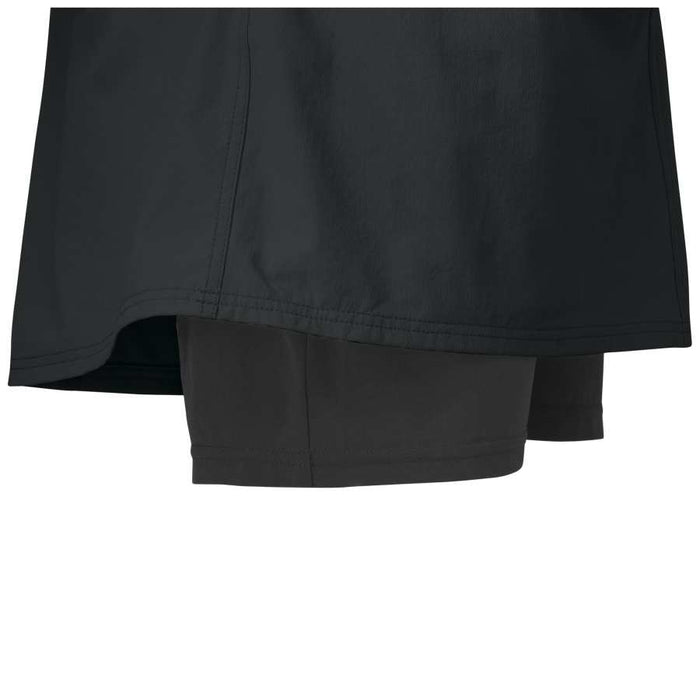 Black athletic skort with built-in shorts shown folded to display layered design