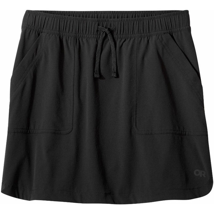 Black athletic skort with drawstring waist and front pockets, flat lay view