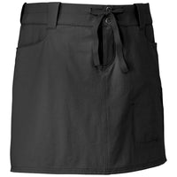 Black athletic skort with drawstring waist and side pocket, front view