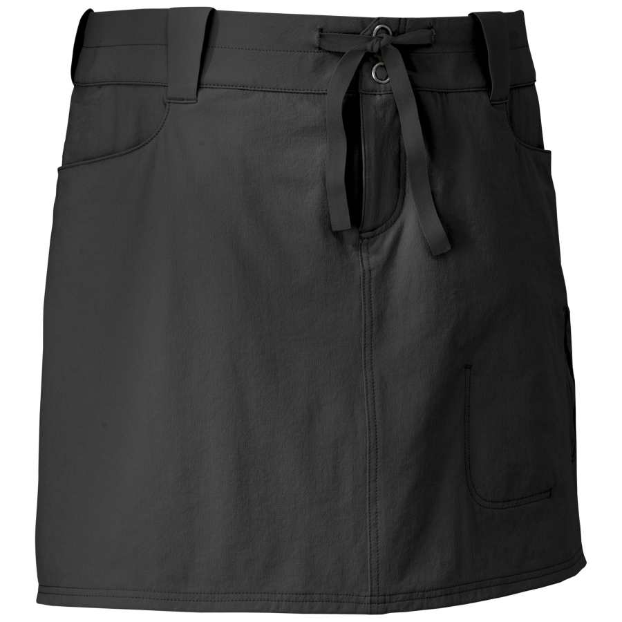 Black athletic skort with drawstring waist and side pocket, front view