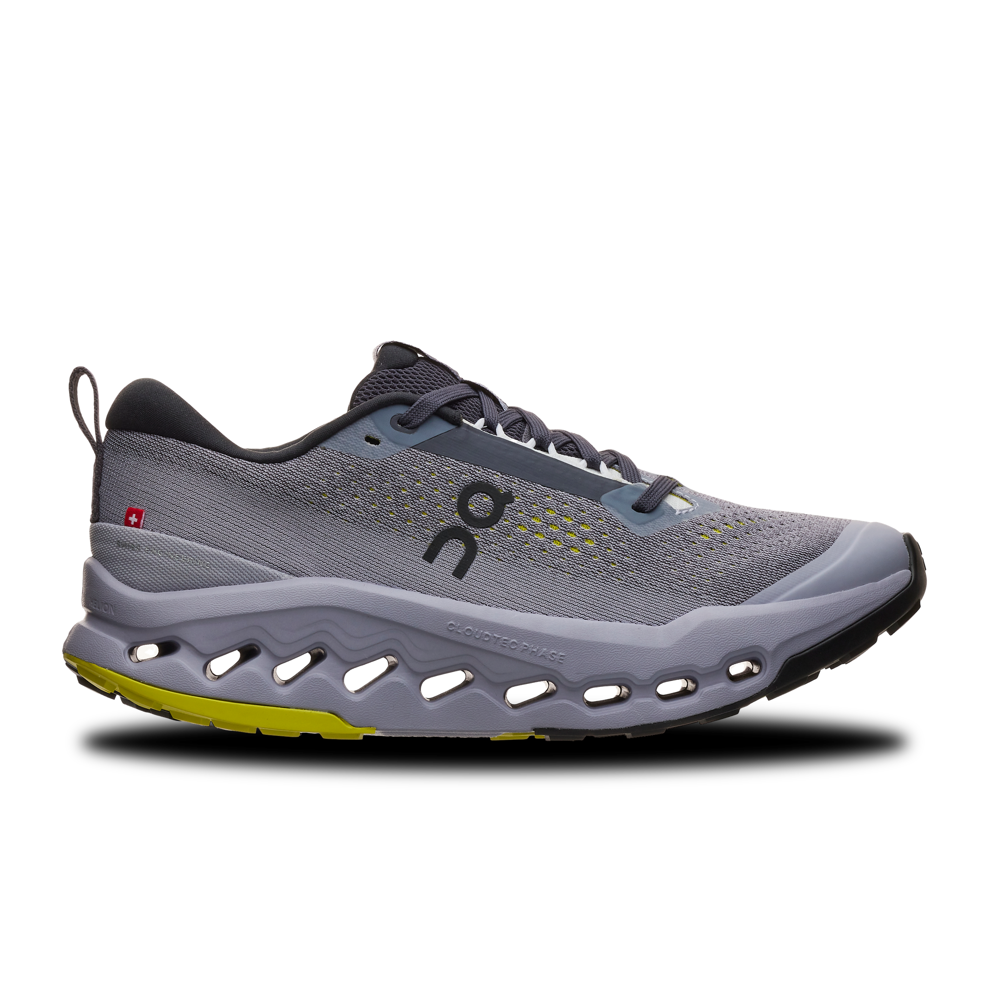 Trail running shoe with mesh upper, distinctive white pod midsole, and yellow outsole accents