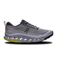 Trail running shoe with mesh upper, distinctive white pod midsole, and yellow outsole accents