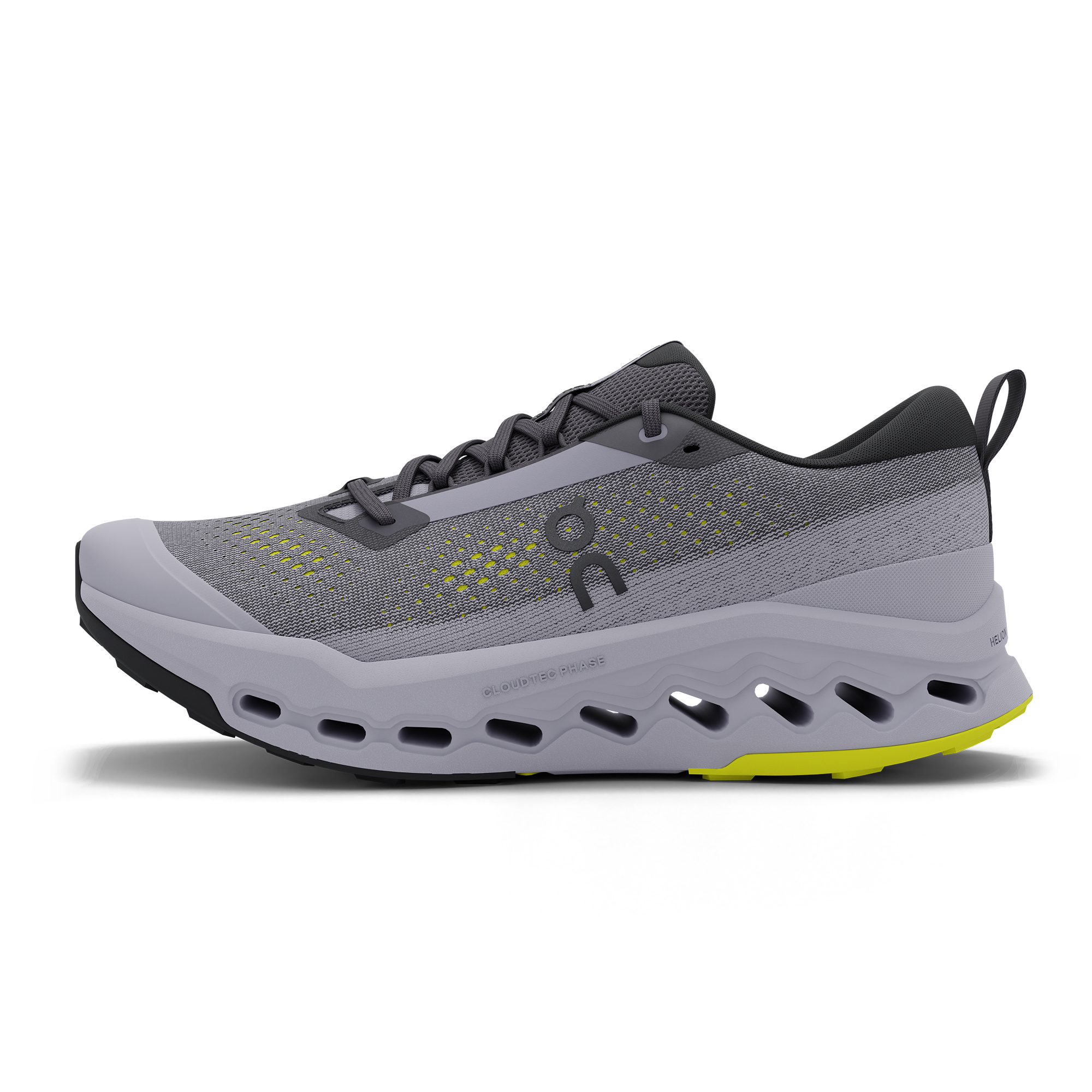 Light gray running shoe with perforated sole, mesh upper, and yellow accent details, side view