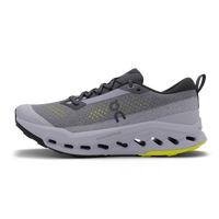 Light gray running shoe with perforated sole, mesh upper, and yellow accent details, side view