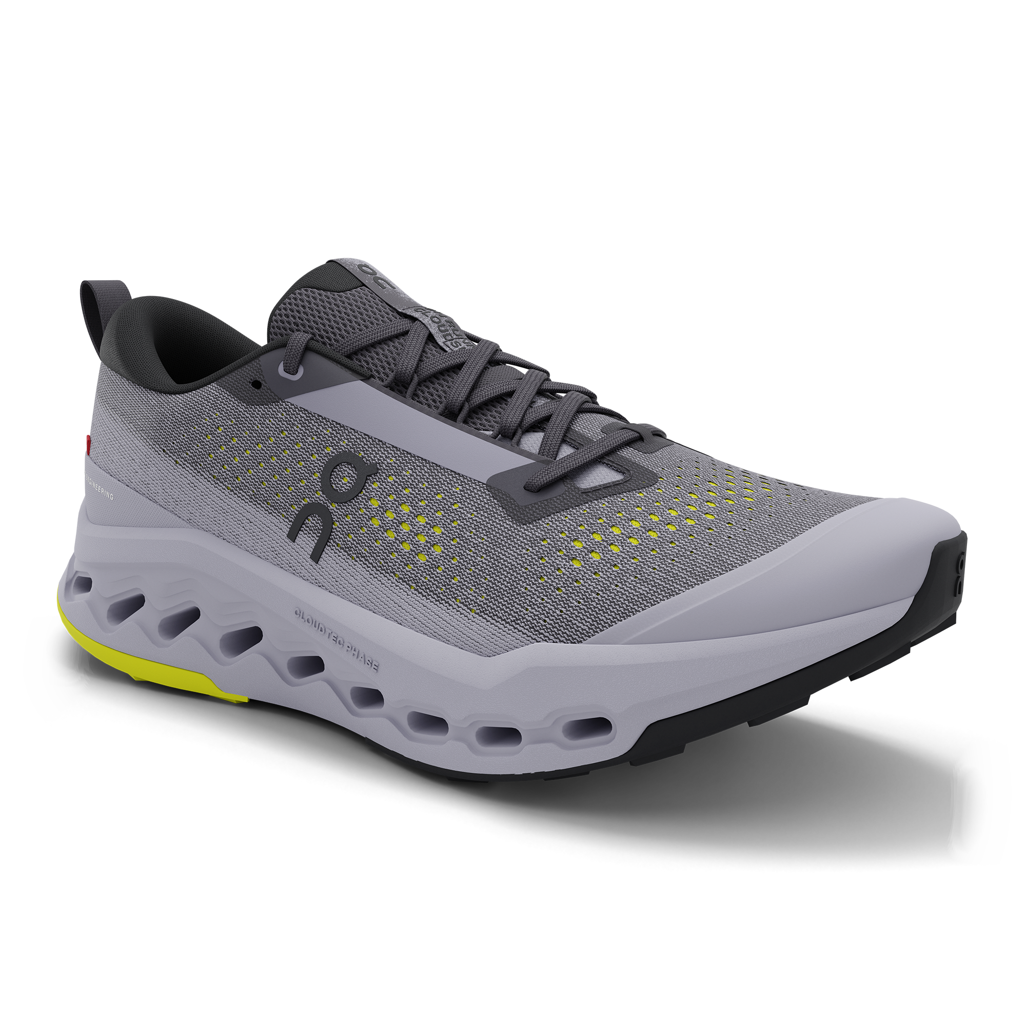 Light grey trail running shoe with perforated sole, mesh upper, and lime accent details