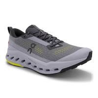 Light grey trail running shoe with perforated sole, mesh upper, and lime accent details