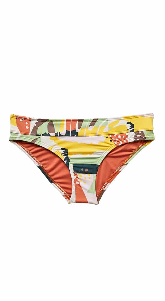 Women's bikini bottom with colorful abstract print pattern and fold-over waistband detail